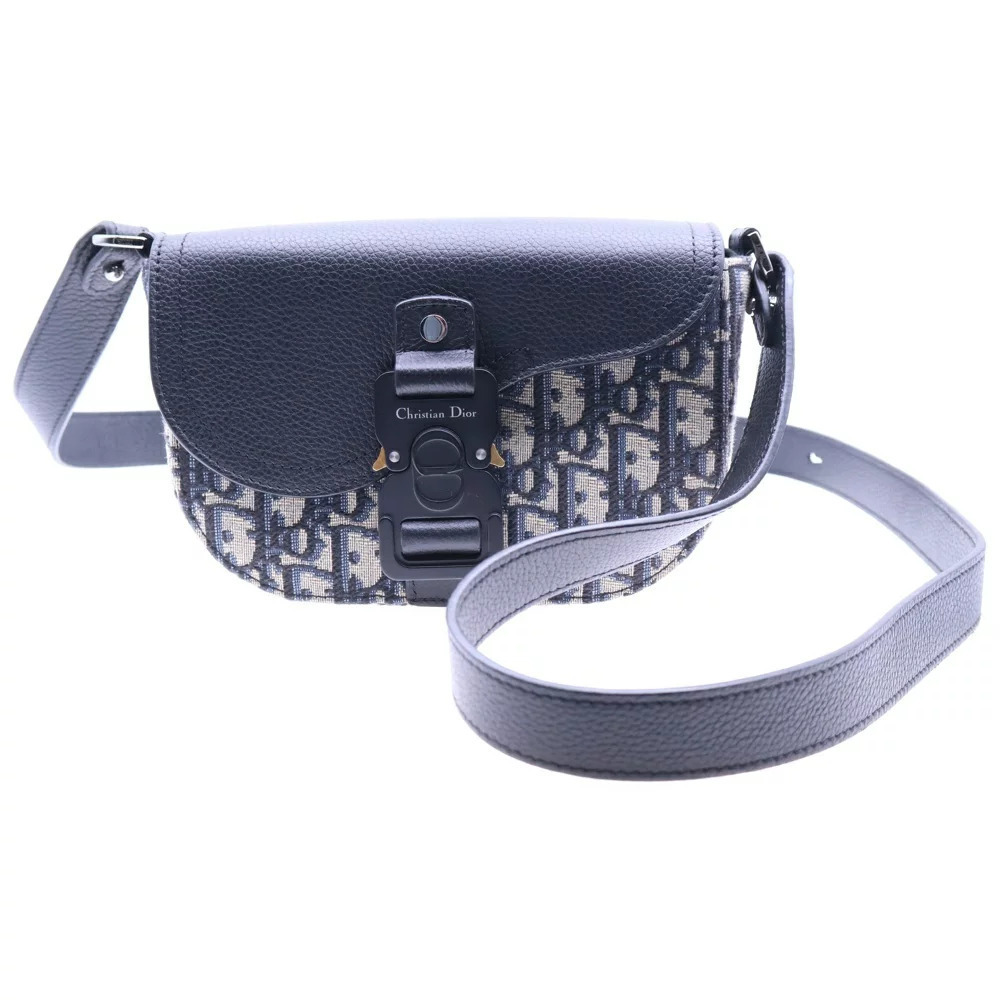 Christian Dior Saddle Shoulder Bag Oblique Navy Blue Leather Canvas
